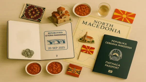 North Macedonia Travel Guide: 15 Essential Tips for an Unforgettable First Trip 6 A flat lay photo showing a North Macedonian passport, an open passport with a Stone Bridge stamp, a cultural map, and miniature items like ajvar, rakija, a church model, and embroidered crafts