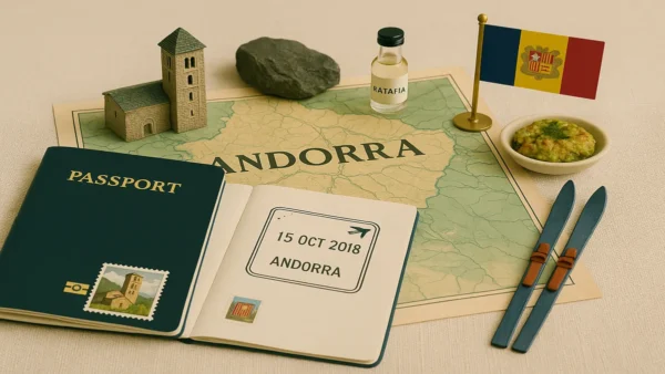 A creative flat lay featuring a passport, a miniature church, Andorra map, national flag, local food, and traditional objects, styled for an Andorra travel guide