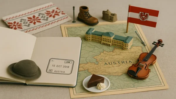 Austria Travel Guide: 15 Essential Tips for an Unforgettable First Trip 9 A flat lay of Austrian travel symbols including a map, flag, traditional hat, violin, boots, chocolate cake, and a travel stamp, captured for an Austria travel guide