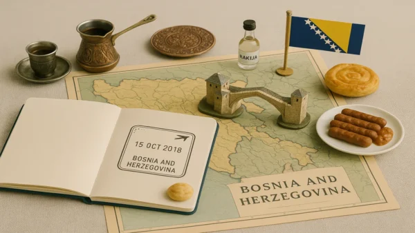 Bosnia and Herzegovina Travel Guide: 15 Essential Tips for an Unforgettable First Trip 9 Flat lay with a map of Bosnia and Herzegovina, showing local food like cevapi and pita, traditional coffee set, Rakija bottle, the Mostar Bridge miniature, and the Bosnian flag, ideal for a Bosnia and Herzegovina travel guide.