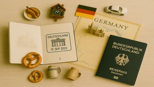 A flat lay image showing a German passport, an open passport with a Brandenburg Gate stamp, a map of Germany, and miniature cultural symbols like pretzels, beer steins, and a cuckoo clock