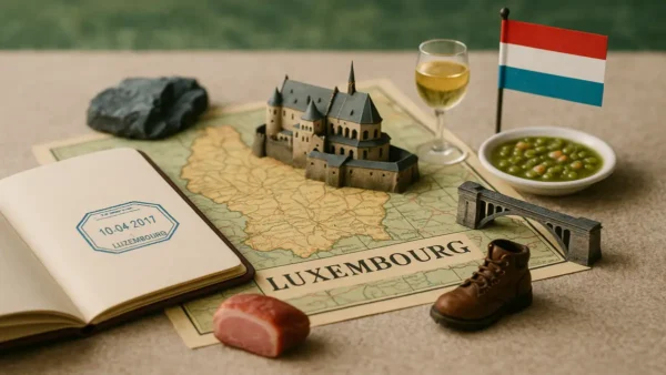 Luxembourg Travel Guide: 15 Essential Tips for an Unforgettable First Trip 9 A flat lay of Luxembourg travel elements including a map, Vianden Castle model, local food, a passport stamp, hiking boot, bridge, and Luxembourg flag