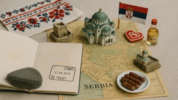 Serbia Travel Guide: 15 Essential Tips for an Unforgettable First Trip 6 Flatlay of Serbian travel symbols including a map, passport stamp, rakija bottle, national flag, St. Sava temple model, and traditional food, styled for a Serbia travel guide