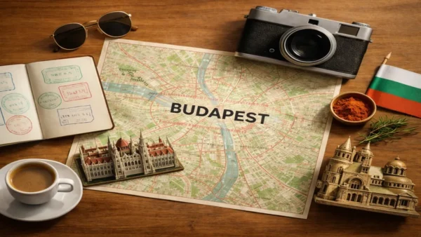 Budapest Travel Guide: 15 Essential Tips for an Incredible First Trip 9 A flat lay travel-style image featuring a vintage city map of Budapest with the Danube River highlighted, the word Budapest centered on the map, and iconic Hungarian travel elements arranged around it, created for a Budapest travel guide