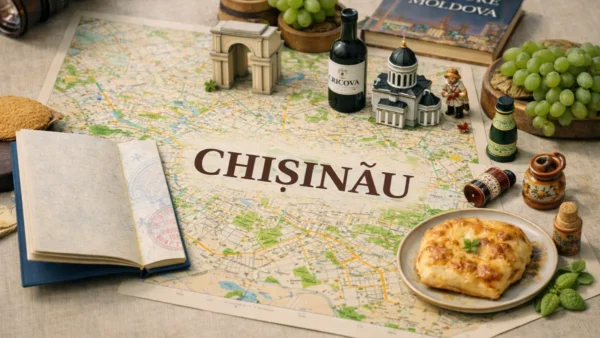 Chișinău Travel Guide: 15 Essential Tips for an Unforgettable First Trip 9 Chișinău city map with Moldovan wine, grapes, landmarks, and local food representing a Chișinău travel guide.