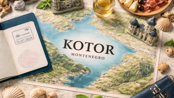 Kotor Travel Guide: 15 Essential Tips for an Unforgettable Trip 9 Map of Kotor, Montenegro with the Bay of Kotor and local food and wine, representing a Kotor travel guide.