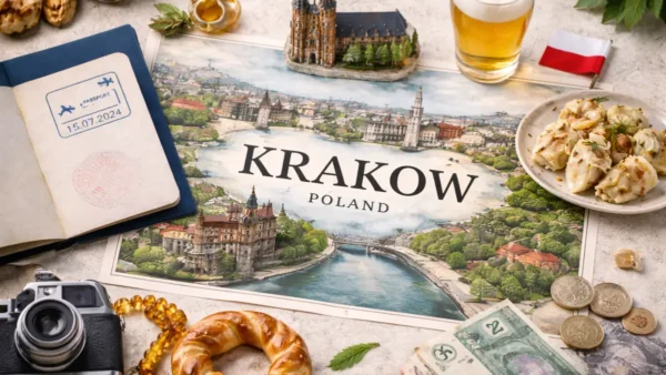 Krakow Travel Guide: 15 Essential Tips for an Unforgettable Trip 9 Krakow, Poland travel guide hero image with city map, passport, Polish food, and beer.
