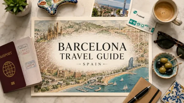 Barcelona Travel Guide 7 Flat-lay Barcelona travel guide map with passport, coffee, olives, sunglasses, tile, and city planning props.