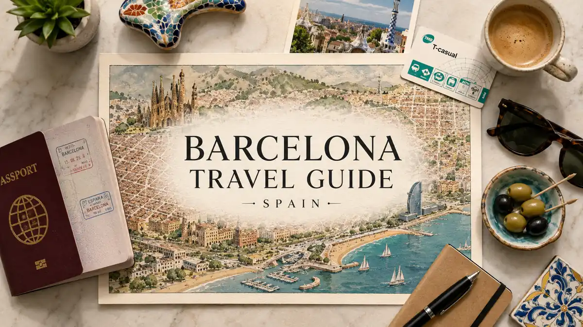 Barcelona Travel Guide 2 Flat-lay Barcelona travel guide map with passport, coffee, olives, sunglasses, tile, and city planning props.