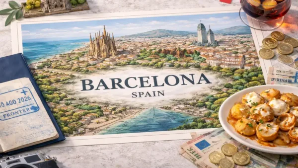Flat lay of a Barcelona travel guide with an illustrated city map, Sagrada Familia, tapas, sangria and euros.
