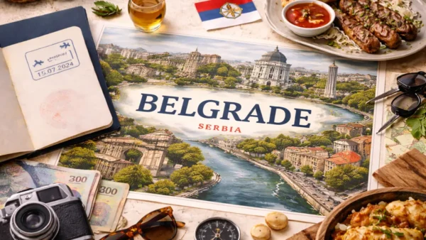 Belgrade Travel Guide: 15 Essential Tips for an Unforgettable Adventure 9 Belgrade travel guide hero image with illustrated city map, Serbian flag, passport stamp, local food, and travel essentials.
