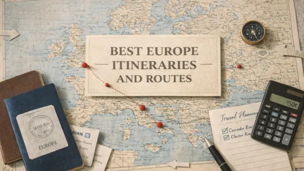 Best Europe Itineraries and Routes (How to Choose Smartly) 11 Europe map with route pins, compass, passport, calculator, and planning notes for the best Europe itineraries and routes.