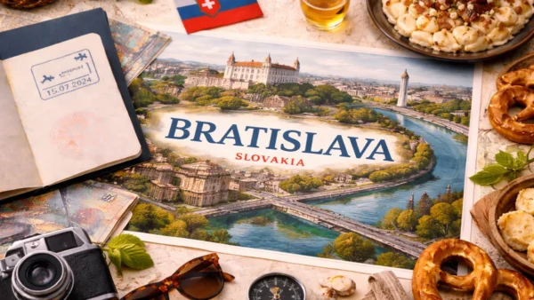 Bratislava Travel Guide: 15 Essential Tips for a Charming Central European Trip 9 Bratislava travel guide hero image with map-style poster, Slovak flag, passport, camera, pretzels, and traditional food flat lay.