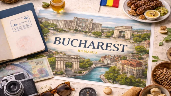 Bucharest Travel Guide: 15 Essential Tips for a Surprising Trip 9 Bucharest, Romania travel guide hero image with illustrated map, Palace of the Parliament, Romanian flag, passport and local food.