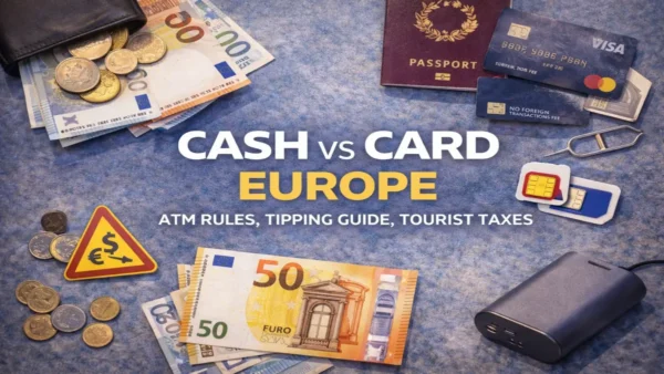 Cash vs Card Europe: ATM Rules, Tipping Guide, and Tourist Taxes 12 Euro banknotes, coins, credit cards, and a passport arranged in a flat lay illustrating Cash vs Card Europe payment choices, ATM rules, and travel money essentials.