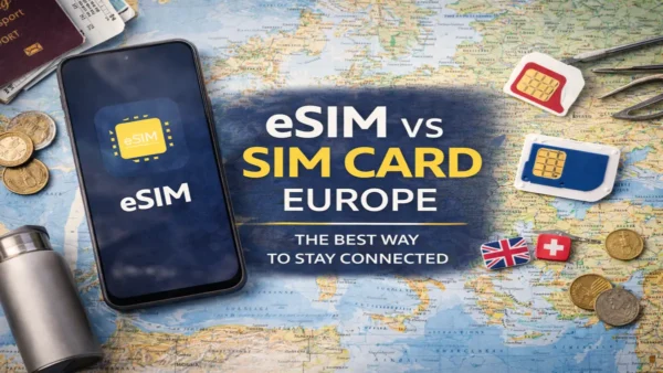 eSIM vs SIM Card Europe: The Best Way to Stay Connected (Costs, Coverage and Exceptions) 13 Smartphone displaying an eSIM interface next to physical SIM cards laid over a map of Europe, illustrating the eSIM vs SIM Card Europe comparison for staying connected while traveling.