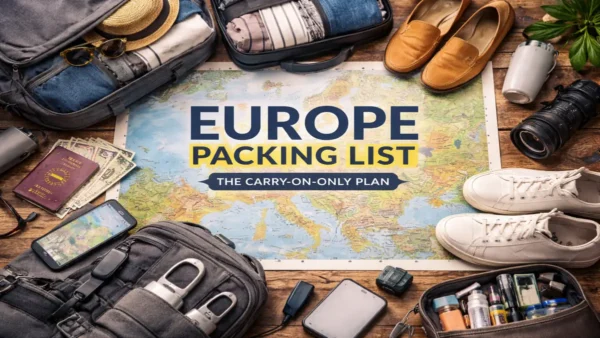 Europe Packing List: The Carry-On-Only Plan to Avoid Overpacking (By Season) 14 Carry-on suitcase packed with clothes, shoes, and travel essentials laid out over a map of Europe, illustrating a practical Europe Packing List for carry-on-only travel.