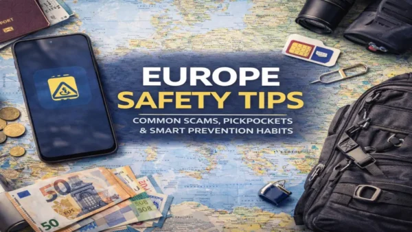 Travel essentials laid out on a map of Europe with a phone, cash, backpack, and passport, illustrating Europe Safety Tips for avoiding scams, pickpockets, and theft.