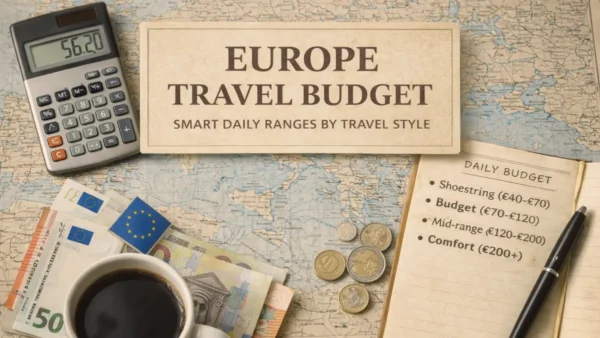 Europe Travel Budget: Smart Daily Ranges by Travel Style 10 Europe map with a calculator, euro cash and coins, coffee, and a notebook listing daily budget tiers for a Europe travel budget.
