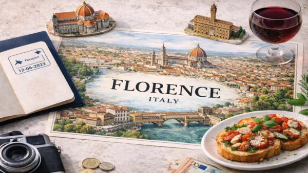 Florence Travel Guide: 2–3 Days, Where to Stay and Museum Time Slots 10 Florence Travel Guide hero image with illustrated city map, passport, wine, food and Florence landmarks