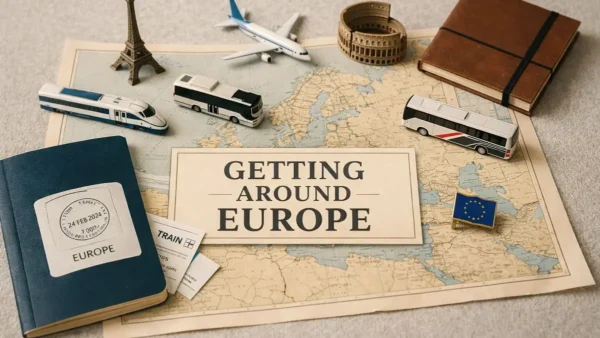 Getting Around Europe: Trains vs Flights vs Buses (How to Choose the Best Option) 12 Map of Europe with a train, airplane and buses illustrating transport options for getting around Europe.