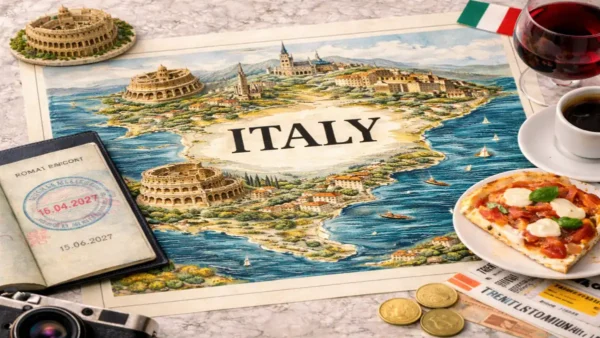 Italy Travel Guide: Best Cities, Itineraries and Tips 8 Illustrated map of Italy with pizza, wine, passport and travel items arranged in a flat lay for an Italy Travel Guide