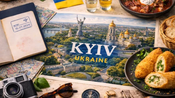 Kyiv Travel Guide: 15 Essential Tips for a Resilient and Historic Trip 6 Kyiv, Ukraine travel guide hero image with city skyline illustration, Ukrainian flag, map, camera, and traditional food.