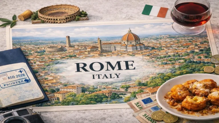 Illustrated flat lay map of Rome with passport, Italian food, euro currency, and cultural travel objects, created for a Rome travel guide