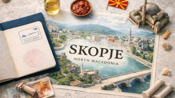 Skopje travel guide hero image with map of Skopje, North Macedonia, passport stamp, and iconic landmarks on a flat lay