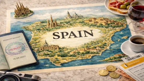 Illustrated map of Spain with passport, tapas, wine, and travel items arranged in a flat lay, featured in a Spain Travel Guide