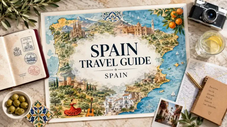 Spain Travel Guide: Best Cities, 7–14 Day Itineraries and Planning Tips 3 Flat lay travel map of Spain with a passport, olives, tiles, and planning notes.