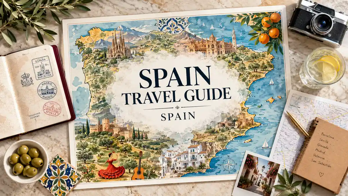 Spain Travel Guide: How to Plan your Trip 2 Flat lay travel map of Spain with a passport, olives, tiles, and planning notes.