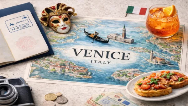 Venice Travel Guide: 2–3 Days, Islands Day Trip Plan and Where to Stay 9 Flat lay travel image with a Venice map, passport, Venetian mask, gondola, Italian aperitivo, and local food, created for the Venice Travel Guide