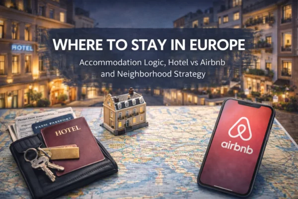 Where to Stay in Europe: Accommodation Logic, Hotel vs Airbnb and Neighborhood Strategy 10 Where to Stay in Europe accommodation strategy comparing hotel vs Airbnb and neighborhood location on a European city map