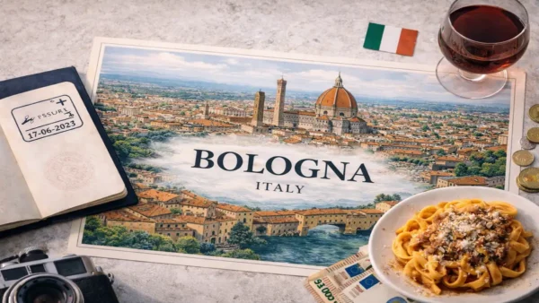 Bologna Travel Guide: 2–3 Days, Smart Food-First Itinerary and Where to Stay 11 Flat lay travel image with an illustrated map of Bologna, Italy, an open passport, traditional pasta, and Italian cultural elements, representing a food-first Bologna travel guide
