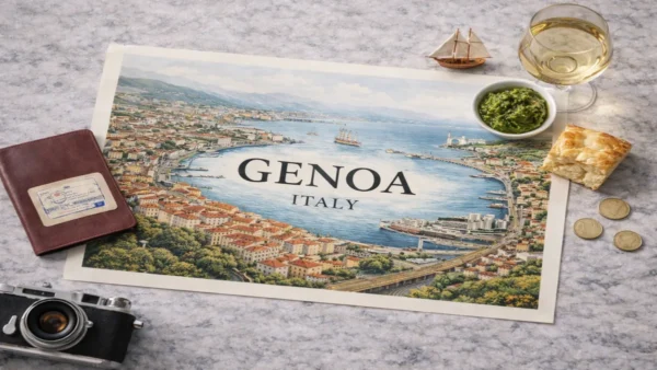Travel to Genoa, Italy: Worth Stopping For, and How Long to Stay 10 Flat lay hero image for a Genoa Travel Guide showing an illustrated map of Genoa, Italy, with the harbor, a passport, pesto Genovese, focaccia, and travel objects on a light stone surface
