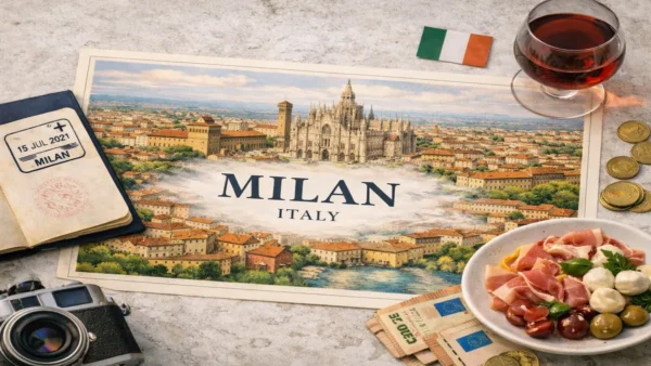 Milan Travel Guide: Lake Como Day Trip, 2–3 Days and Where to Stay 11 Flat lay travel image with an illustrated map of Milan, Italy, an open passport, aperitivo drink, Italian food, and travel accessories, representing a Milan Travel Guide