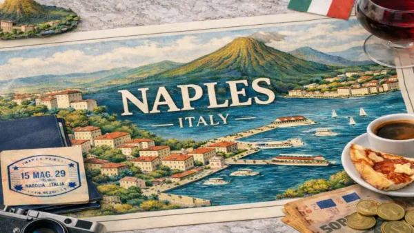 Travel to Naples, Italy: First-Timer's City Guide 9 Flat lay travel image of Naples, Italy, featuring an illustrated map with Mount Vesuvius, passport, pizza, espresso, and coastal details for a Naples travel guide