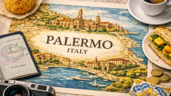 Travel to Palermo, Italy: Worth It, How Long, and Is It Safe? 9 Palermo Travel Guide hero image featuring illustrated Palermo map poster with passport, arancina, espresso and Sicilian ceramic tile on marble table