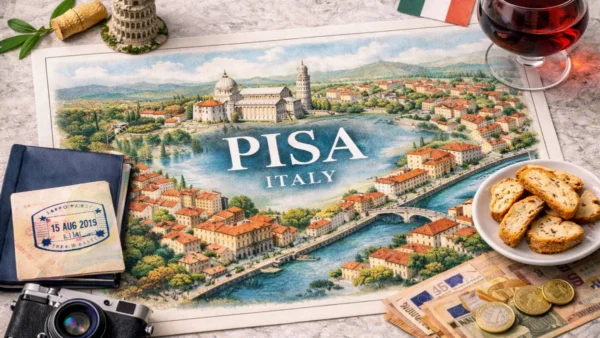 Illustrated flat lay map of Pisa, Italy with the Leaning Tower, Arno River, Italian passport, local food, wine, and travel essentials, created for a Pisa travel guide