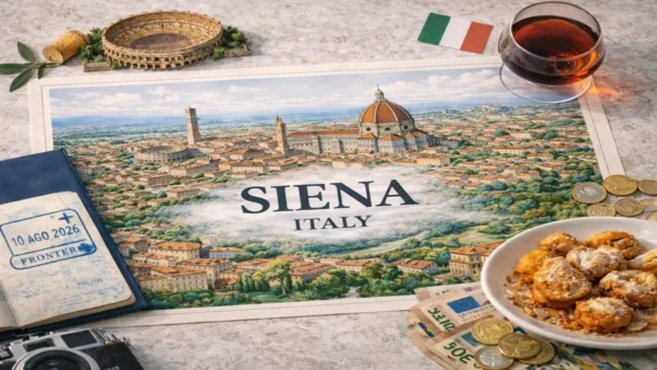 Travel to Siena, Italy: How the Walled City Works and When to Go 13 Illustrated panoramic city map of Siena surrounded by a passport, Italian wine, local food, and travel items on a stone table, created for a Siena Travel Guide.