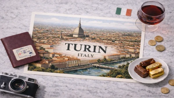 Travel to Turin, Italy: Is It Worth It and How Many Days? 9 A flat lay travel image featuring a Turin city map with the Mole Antonelliana, an open passport, Italian wine, gianduiotto chocolates, coins, and a camera, created for a Turin Travel Guide