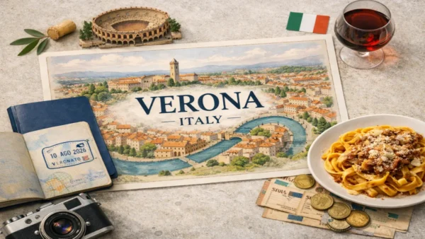 Travel to Verona, Italy: How Long It Needs and Where to Base 9 Illustrated map of Verona with passport, Italian food, wine, and travel objects representing a complete Verona travel guide