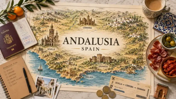 Illustrated Andalusia map with passport, tapas, ceramic tile, train ticket, and Moorish architecture details on marble.