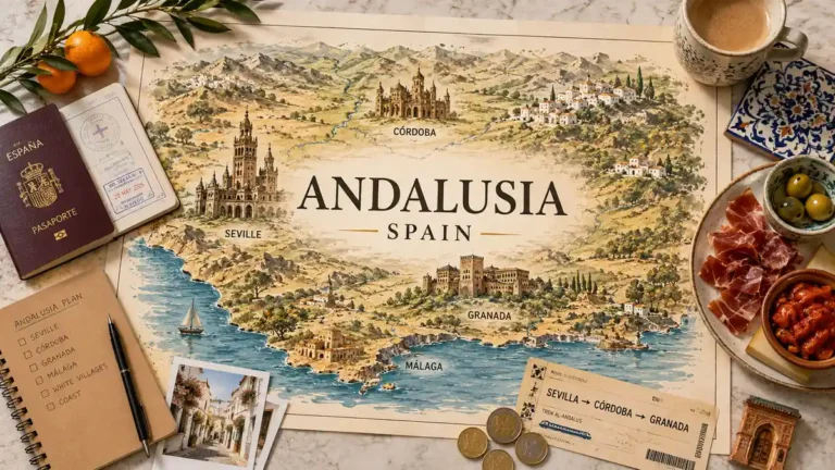 Andalusia Travel Guide: Cities, Coast, and When to Go 5 Illustrated Andalusia map with passport, tapas, ceramic tile, train ticket, and Moorish architecture details on marble.