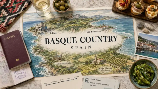Flat lay travel map of the Basque Country in Spain with a passport, pintxos, coastal objects, and regional travel details.