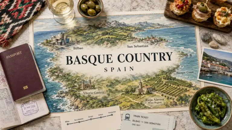 Flat lay travel map of the Basque Country in Spain with a passport, pintxos, coastal objects, and regional travel details.