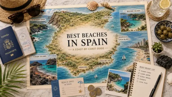 Illustrated Spain beach coast map with passport, shells, volcanic rock, beach card, and coastal travel objects on marble.
