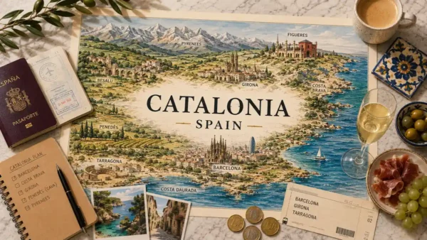 Illustrated Catalonia map with passport, coffee, cava, coastal postcard, train ticket, and Barcelona travel objects on marble.