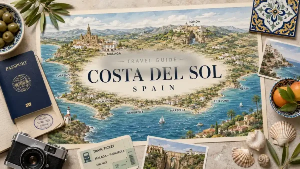 Travel to Costa del Sol, Spain: Towns and Where to Stay 3 Flat lay travel map of Costa del Sol in Spain with a passport, coastal objects, and Andalusian travel details.